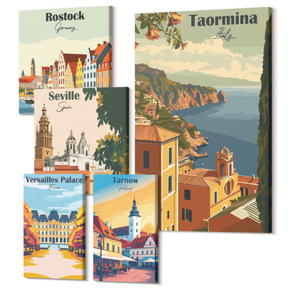 Öt részes vászonkép Európai városok tájai építészeti ikonokkal