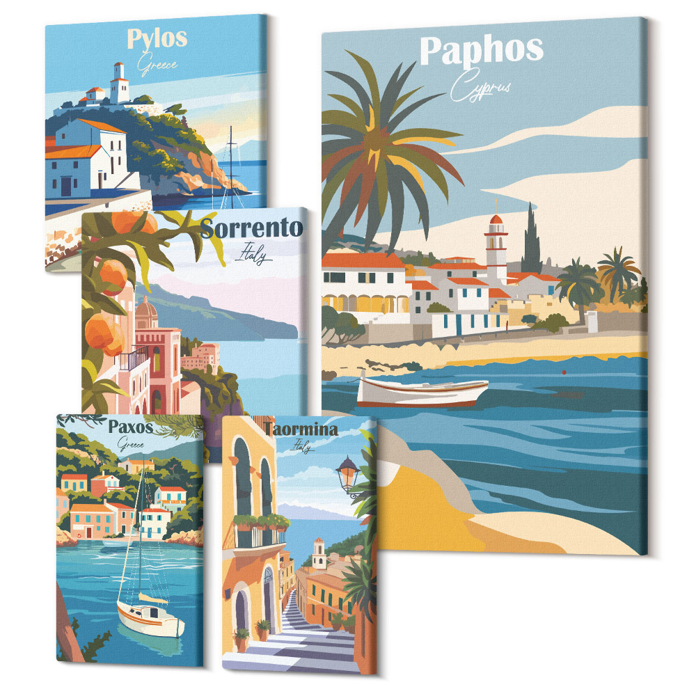 Vászonkép ötrészes Tengerparti tájak bájos európai városokkal