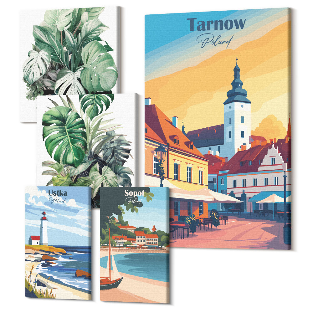 Öt részes vászonkép szett Lengyel tengerparti városok növényi motívumokkal