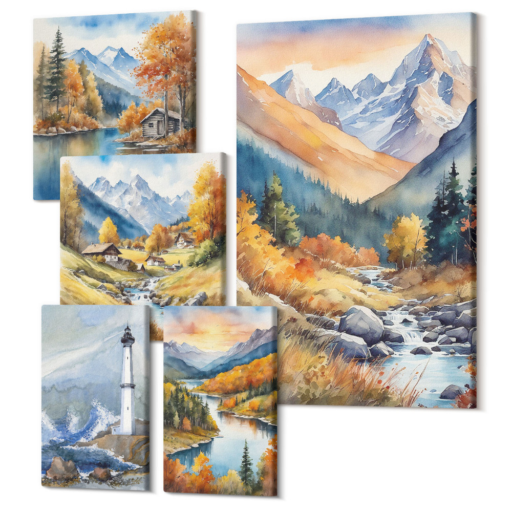 Vászonkép ötrészes Hegyi tájak folyókkal és világítótoronnyal