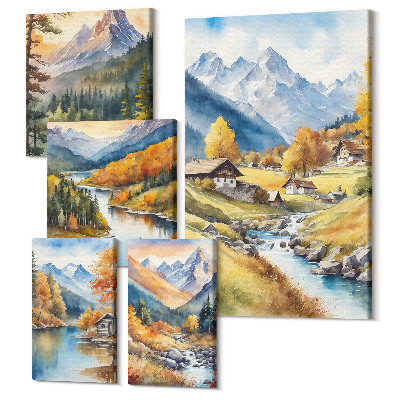Öt részes vászonkép szett Hegyi tájak festői völgyekkel és folyókkal