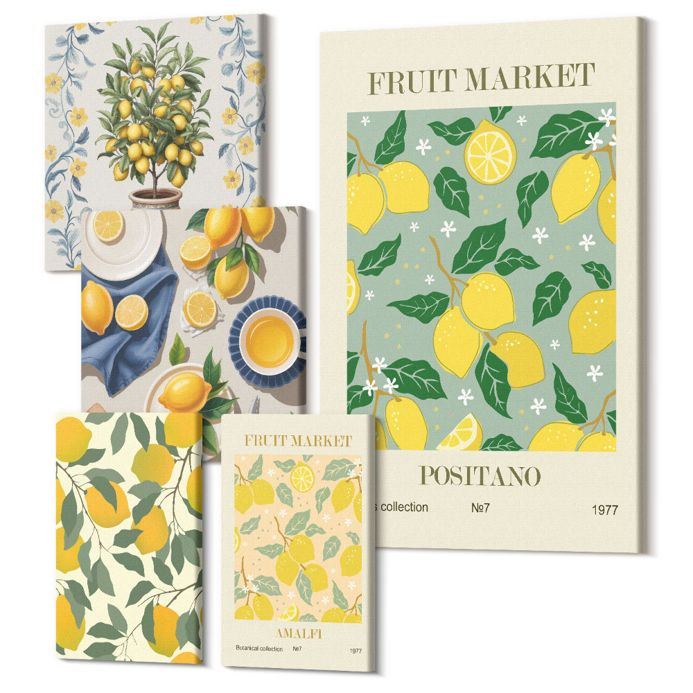 Vászonkép ötrészes Citrus kollekció friss gyümölcsök és dekoratív minták