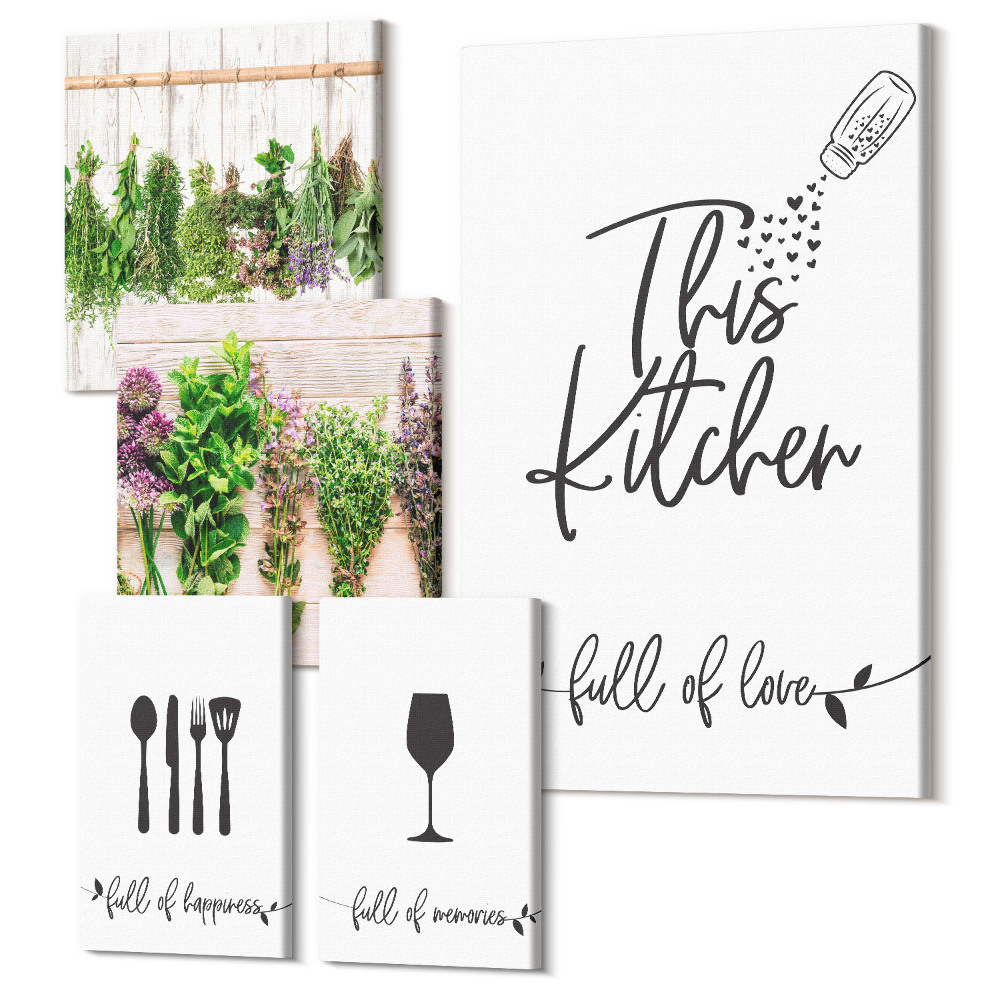 Vászonkép ötrészes Egy konyha tele szeretettel, fűszernövényekkel és kulináris kiegészítőkkel