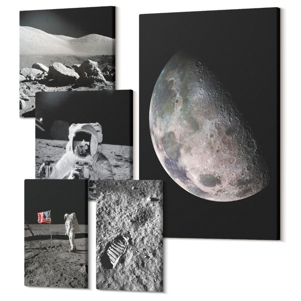 Öt részes vászonkép szett Holdtájok űrhajósokkal és űrkutatás