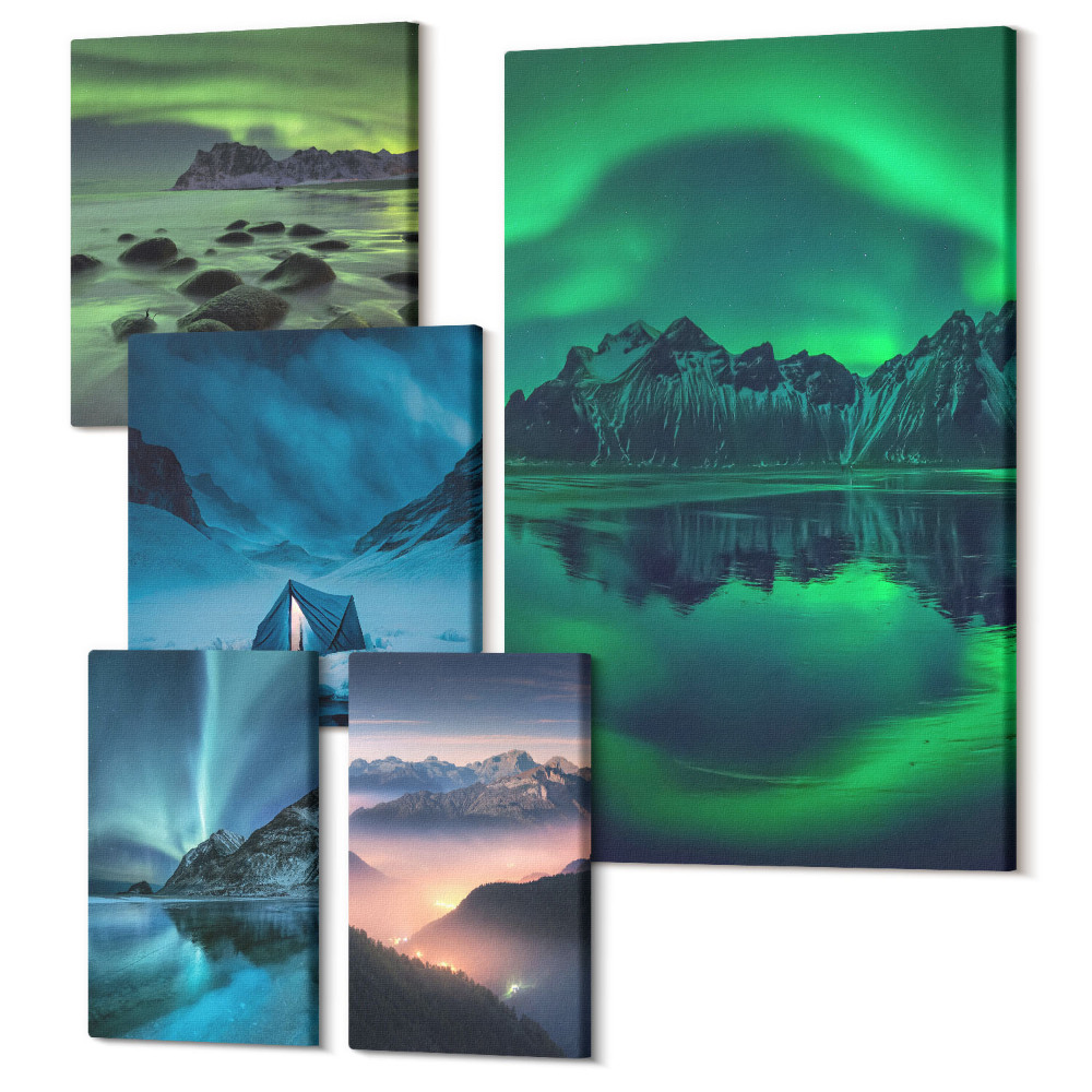 Öt részes vászonkép szett Téli tájak északi fénnyel és hegyi kilátással