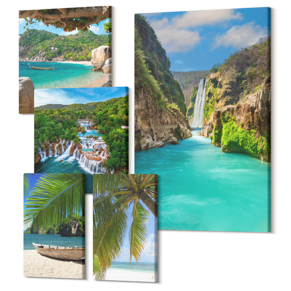 Öt részes vászonkép szett Trópusi tájak vízesésekkel és paradicsomi strandokkal