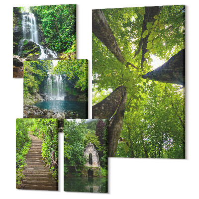 Vászonkép ötrészes Zöld tájak vízesések és erdei utak