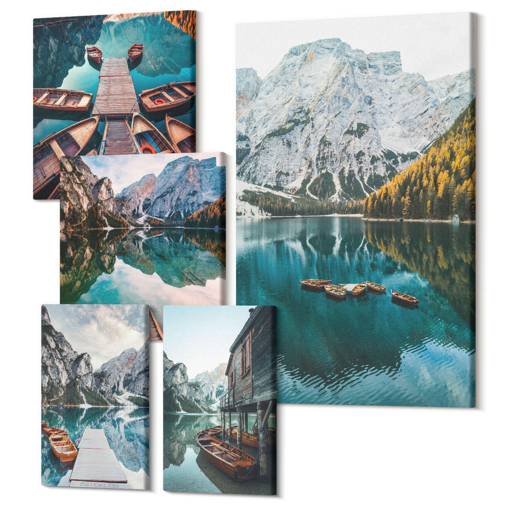 Öt részes vászonkép szett Hegyi tavak természetes stílusú fahajókkal