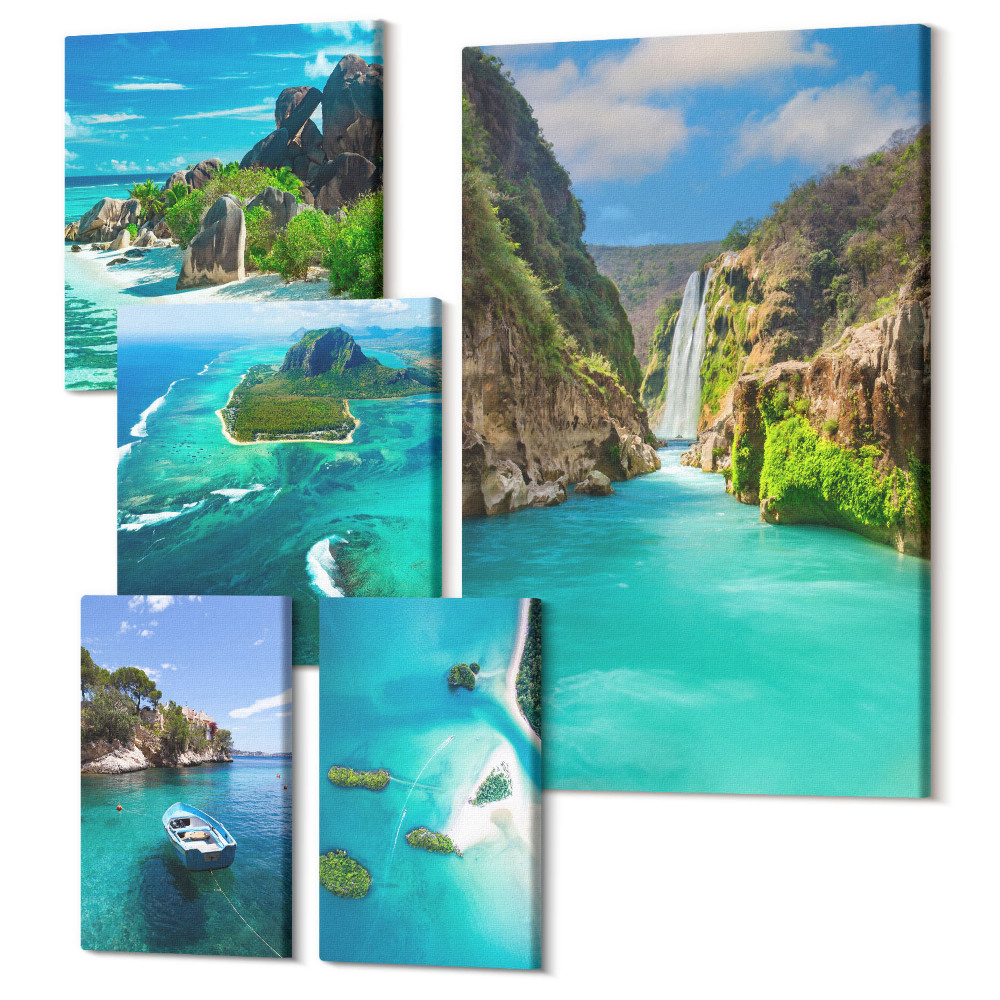 Vászonkép ötrészes Trópusi tájak vízesésekkel és paradicsomi strandokkal