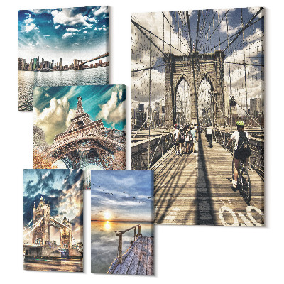 Öt részes vászonkép szett Városképek hidakkal és híres épületekkel