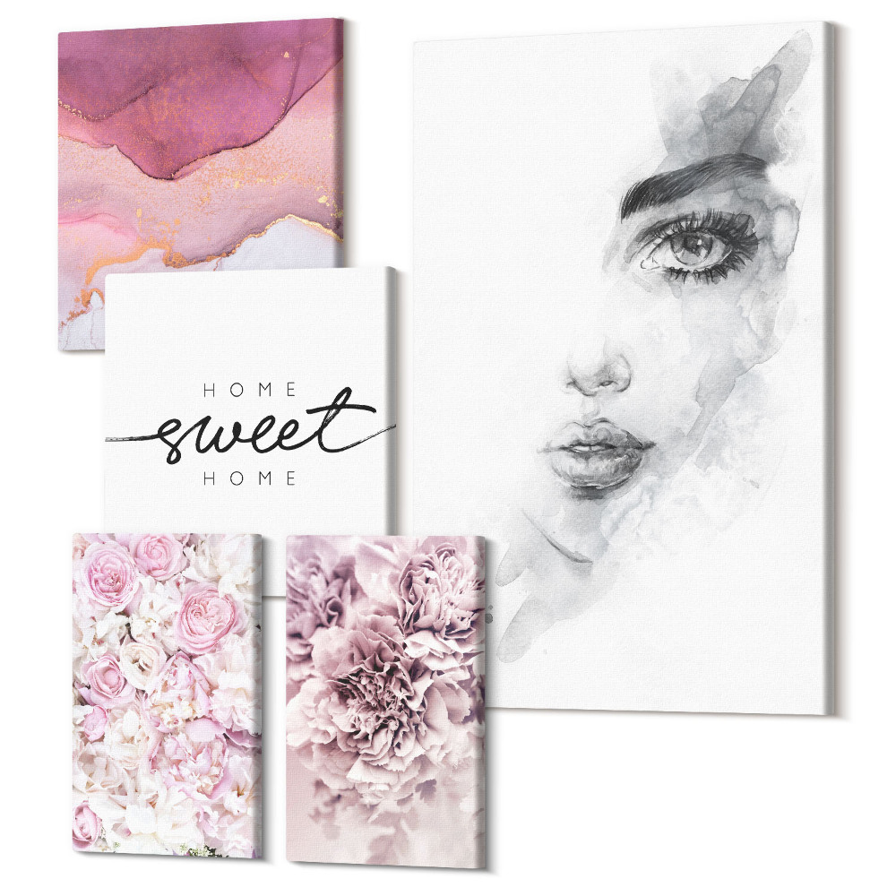 Vászonkép ötrészes Női portrék és virágkompozíciók pasztell színben
