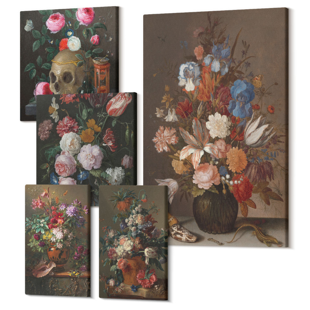 Öt részes vászonkép szett Klasszikus stílusú virágkompozíciók csendéletekkel