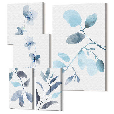 Vászonkép ötrészes Növényi ékezeteket a kék finom árnyalataiba