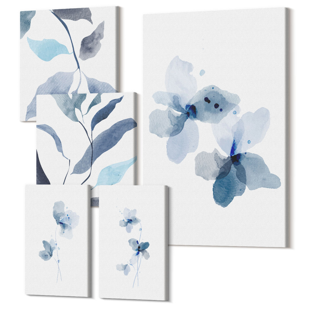 Öt részes vászonkép Stílusos akvarell virágok és levelek kék árnyalatokban