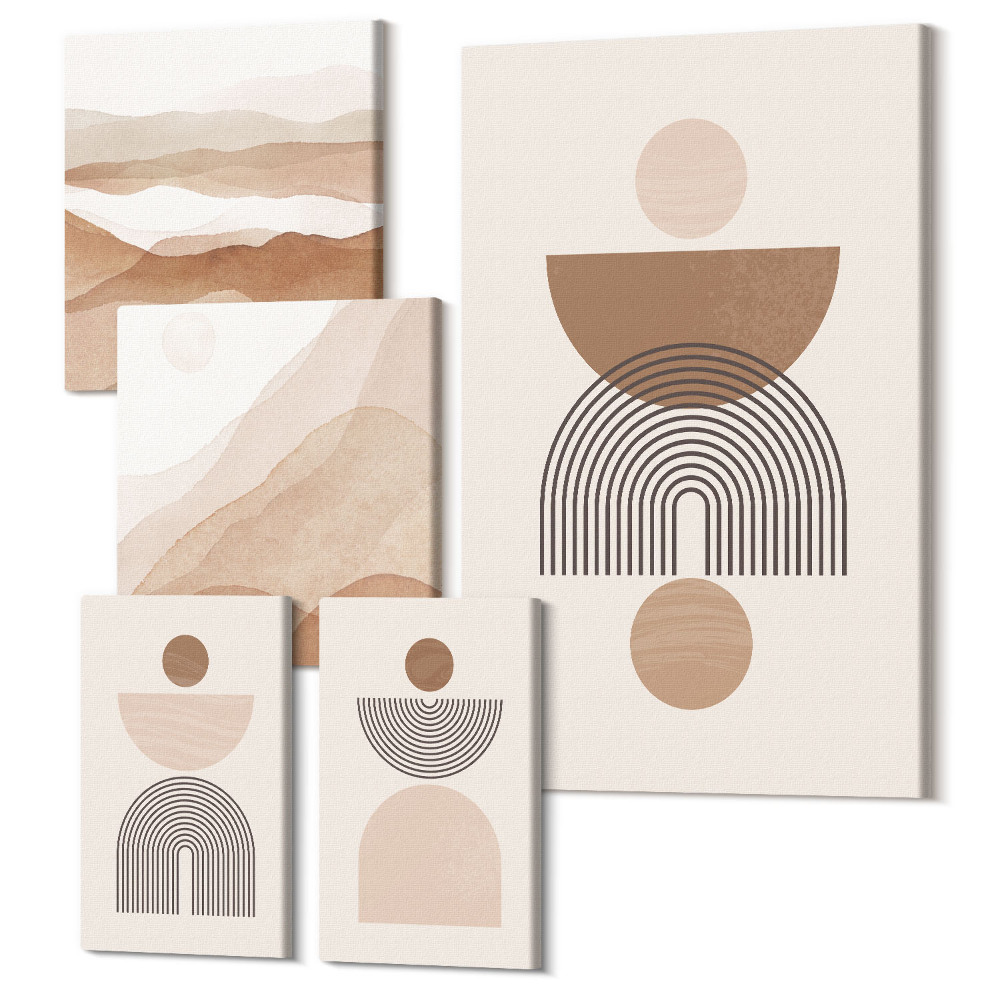 Öt részes vászonkép szett Absztrakt kompozíciók földszínekkel és geometrikus formákkal