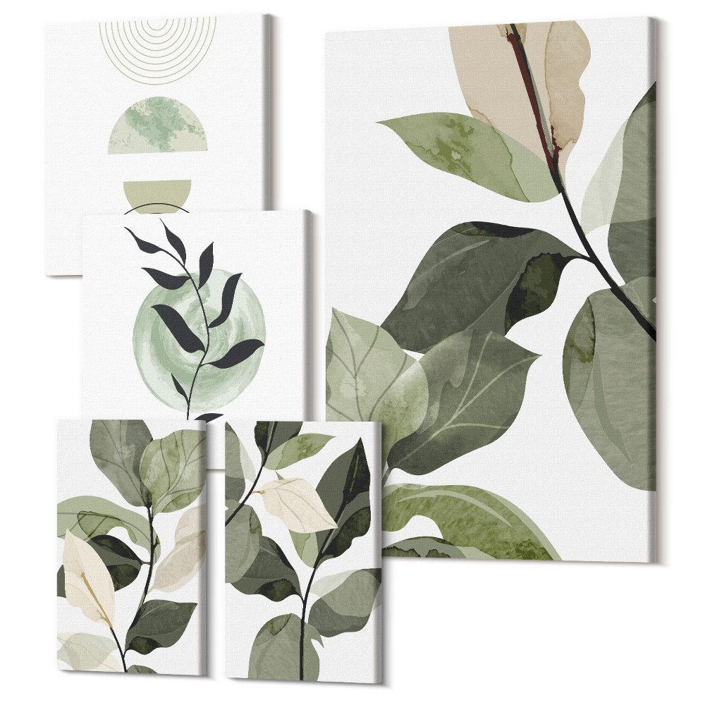 Vászonkép ötrészes Skandináv stílusú növényi motívumok zölddel és grafikával