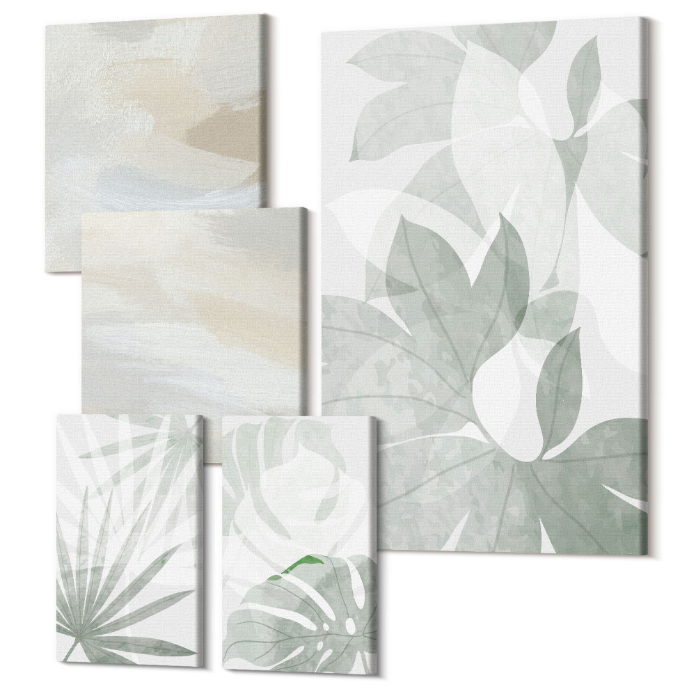 Öt részes vászonkép szett Növényi motívumok visszafogott szürke és fehér színben