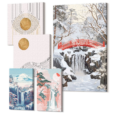 Öt részes vászonkép szett Táj vízesésekkel és japán stílusú hidakkal