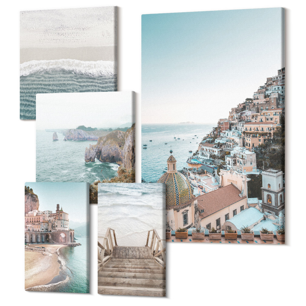 Vászonkép ötrészes Tengerparti tájak bájos városokkal és strandokkal