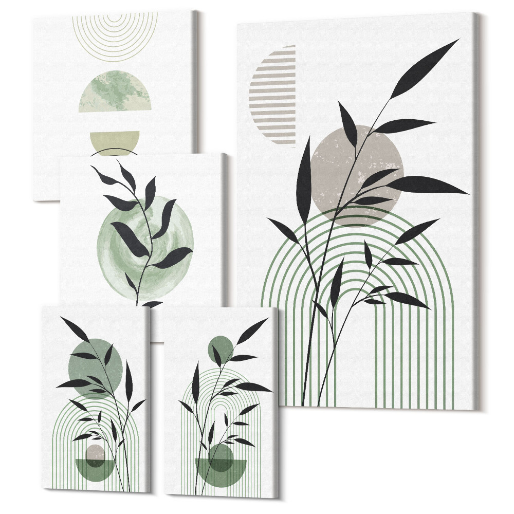 Vászonkép ötrészes Stílusos grafika növényi motívumokkal és geometriai formákkal