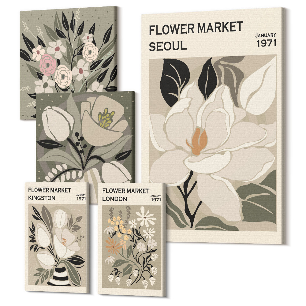 Öt részes vászonkép szett Virágmotívumok a londoni és szöuli piacokról
