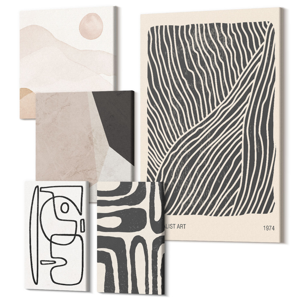 Vászonkép ötrészes Minimalista minták földes tónusokkal és absztrakt formákkal