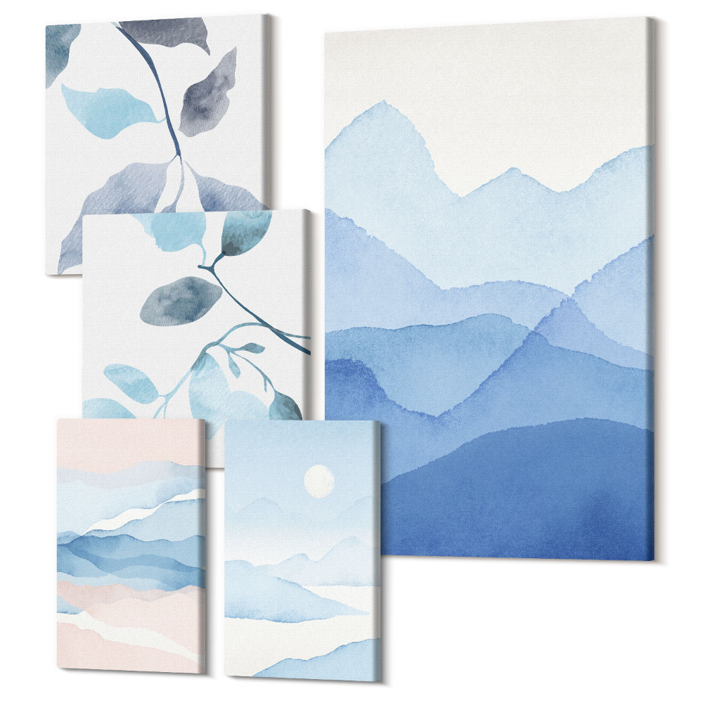 Öt részes vászonkép Természet a kék árnyalatú minimalista tájak és levelek