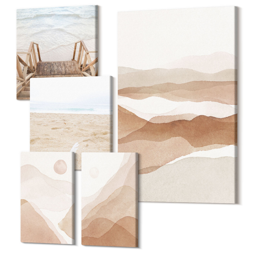 Öt részes vászonkép szett Minimalista tengerparti és hegyi tájak a természet árnyalataiban