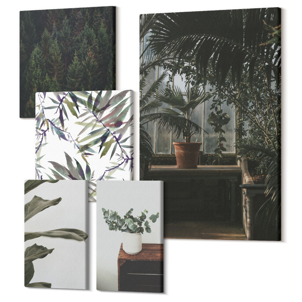 Vászonkép ötrészes Növényi motívumok és természetes akcentusok zöld oázisa