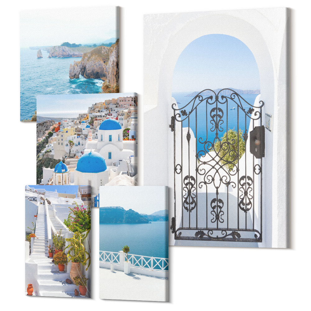 Vászonkép ötrészes Szantorini kilátás a kék tengerre és a fehér házakra