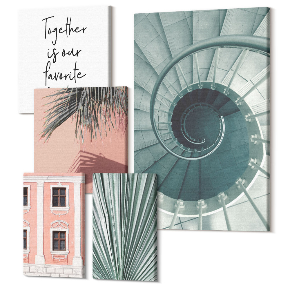 Öt részes vászonkép Stílusos belső terek geometrikus mintákkal és növényekkel