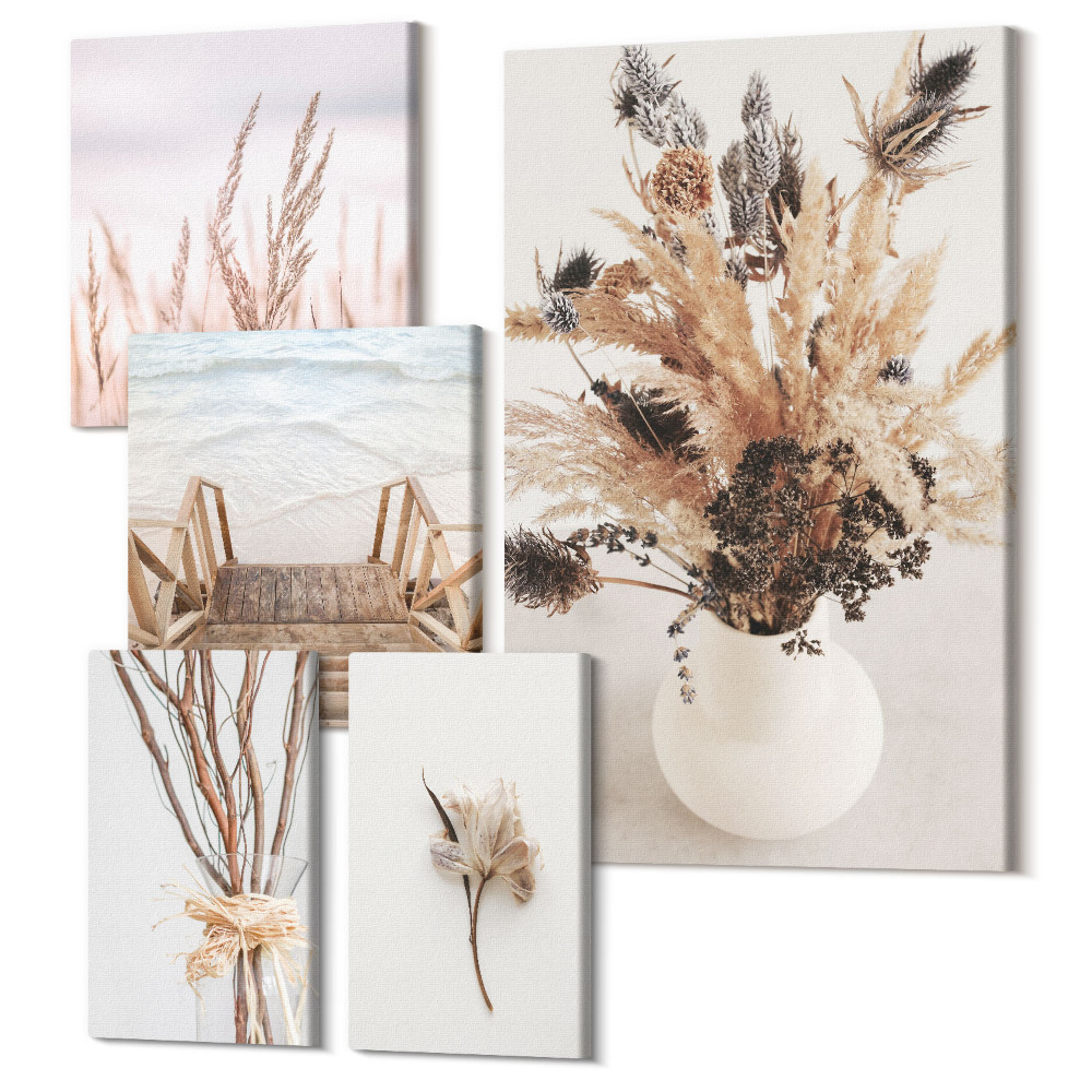 Vászonkép ötrészes Stílusos dekorációk szárított növényekkel és vízi tájakkal
