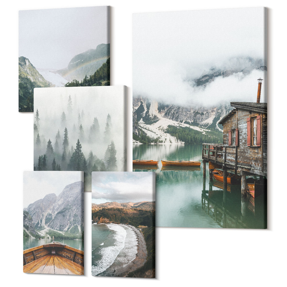 Vászonkép ötrészes Hegyi tájak vízparti házikókkal és erdőkkel