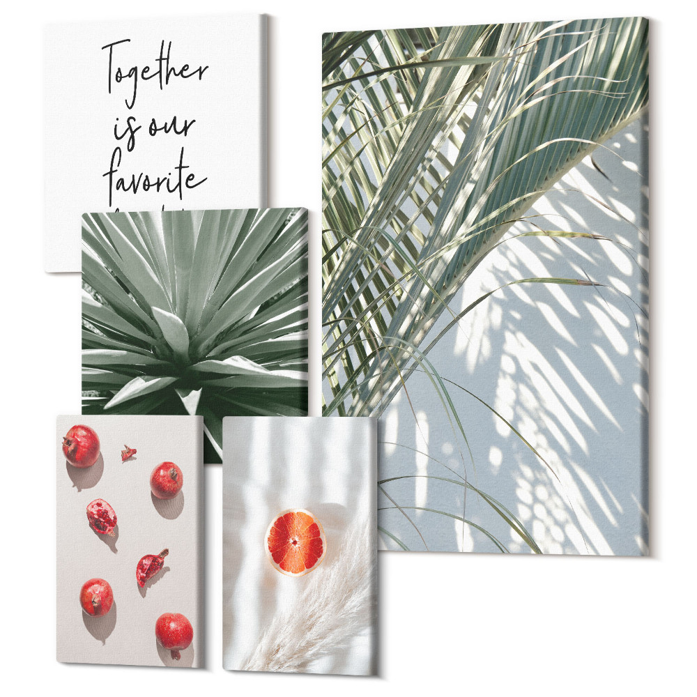 Öt részes vászonkép Boho stílus növényi motívumokkal és trópusi gyümölcsökkel