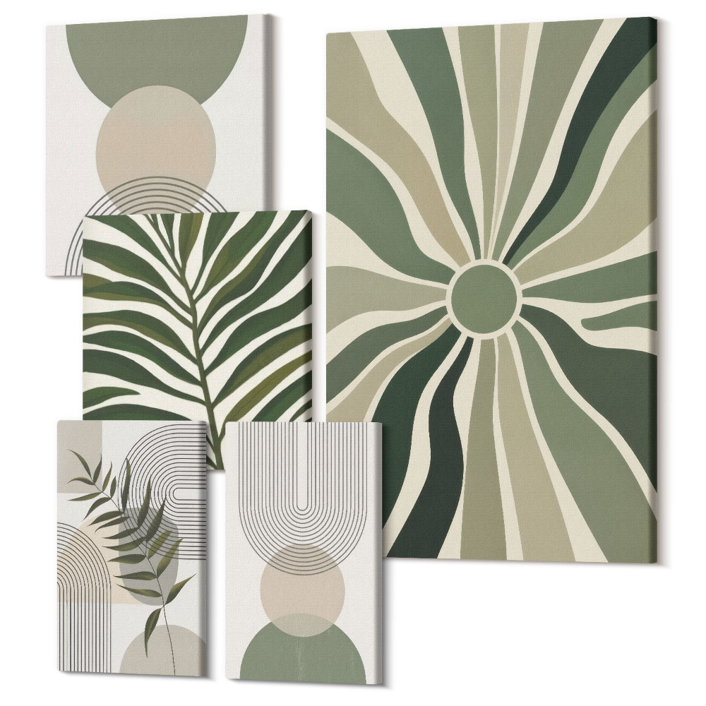 Vászonkép ötrészes Stílusos grafika a zöld árnyalataiban növényi és geometriai motívumokkal