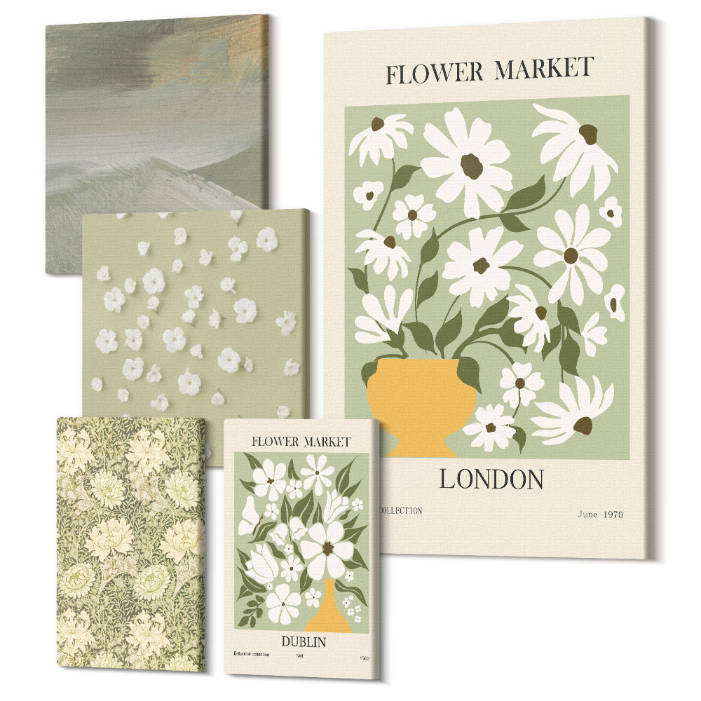 Öt részes vászonkép Virágmotívumok a városi terek és tájak hátterében