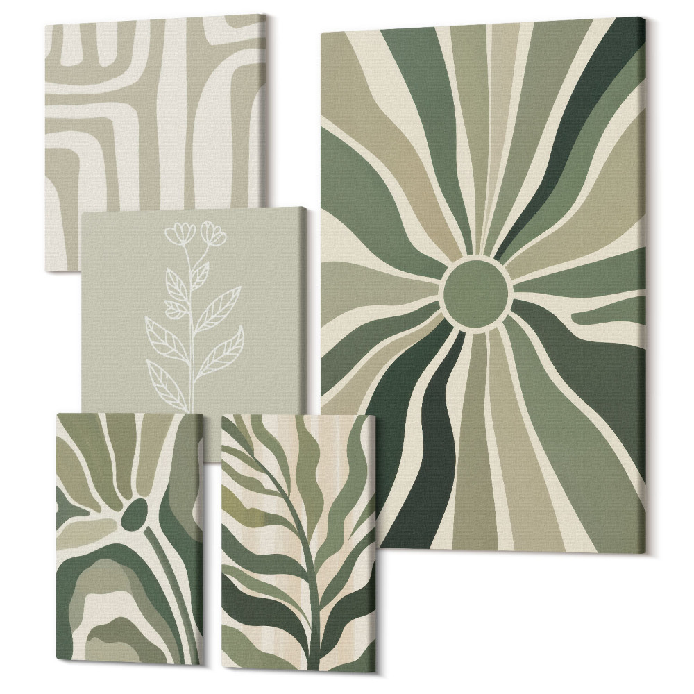 Öt részes vászonkép szett Absztrakt növényi minták zöld árnyalataiban