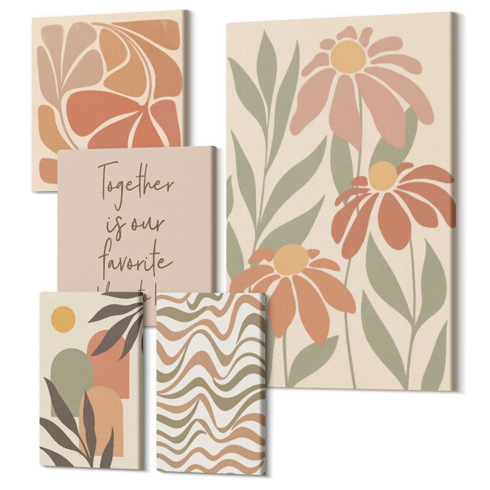 Vászonkép ötrészes Stílusos dekorációk a természet és a virágok árnyalataiban