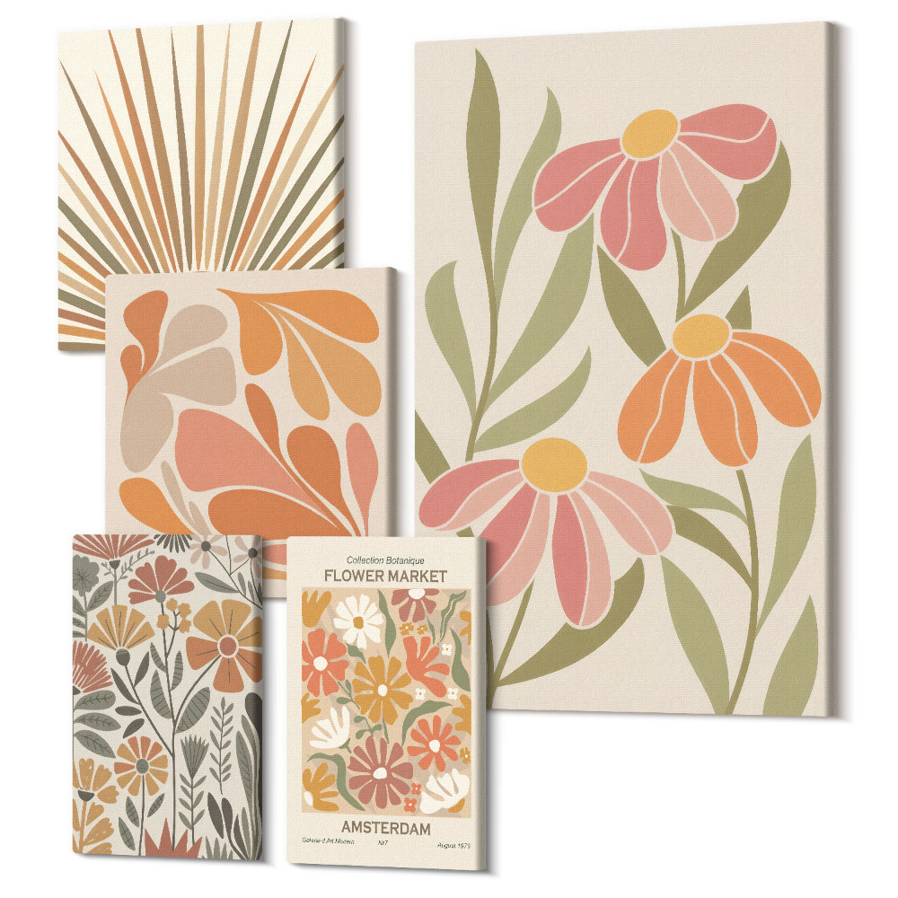 Vászonkép ötrészes Boho stílusú virágmotívumok és geometriai formák