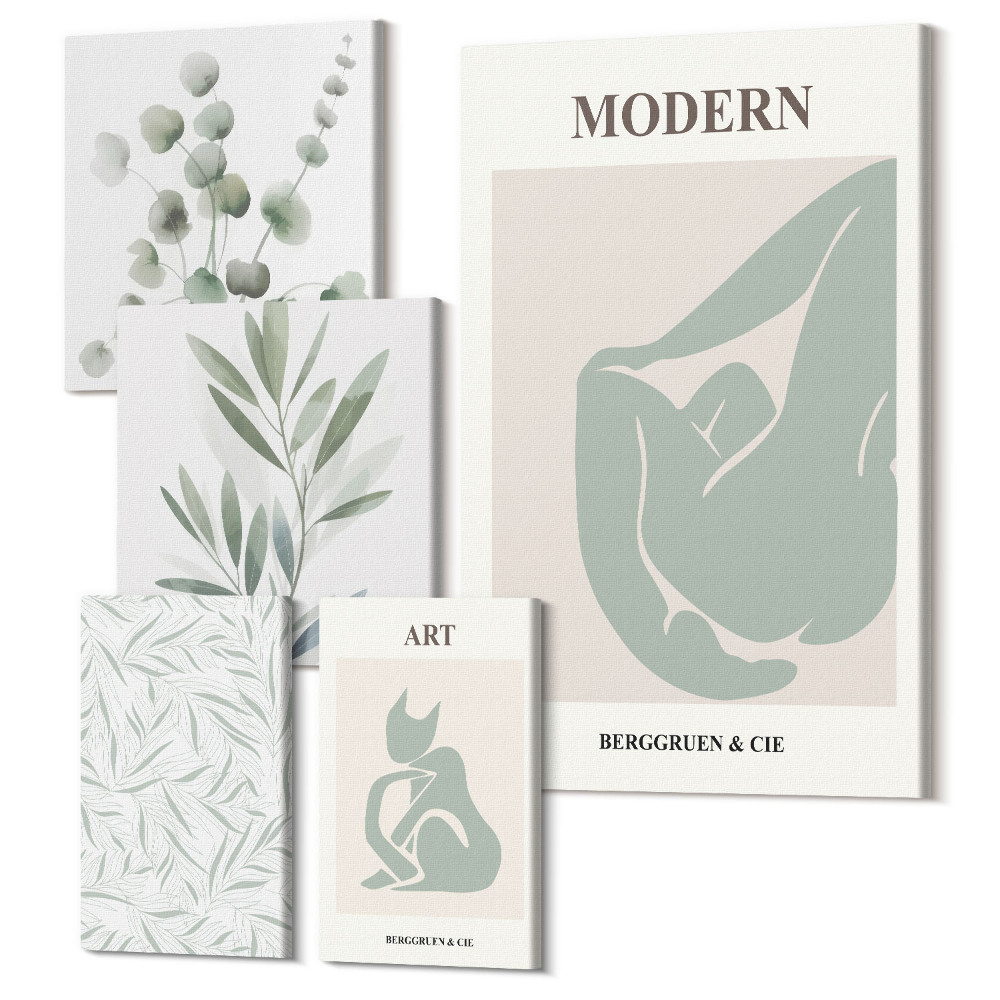 Öt részes vászonkép szett Stílusos grafika növényi motívumokkal és absztrakt formákkal