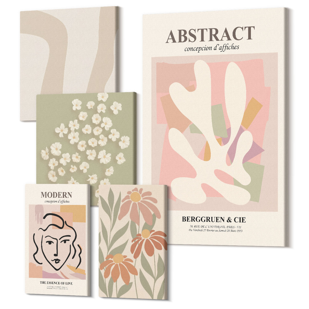 Vászonkép ötrészes Stílusos absztraktok és virágmotívumok belső terekhez