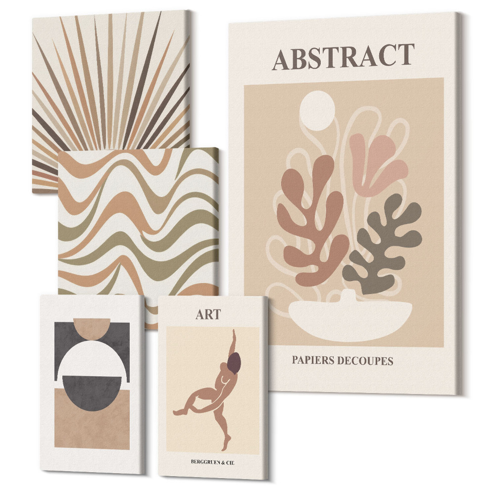 Öt részes vászonkép szett Stílusos absztrakciók növényi motívumokkal és formákkal