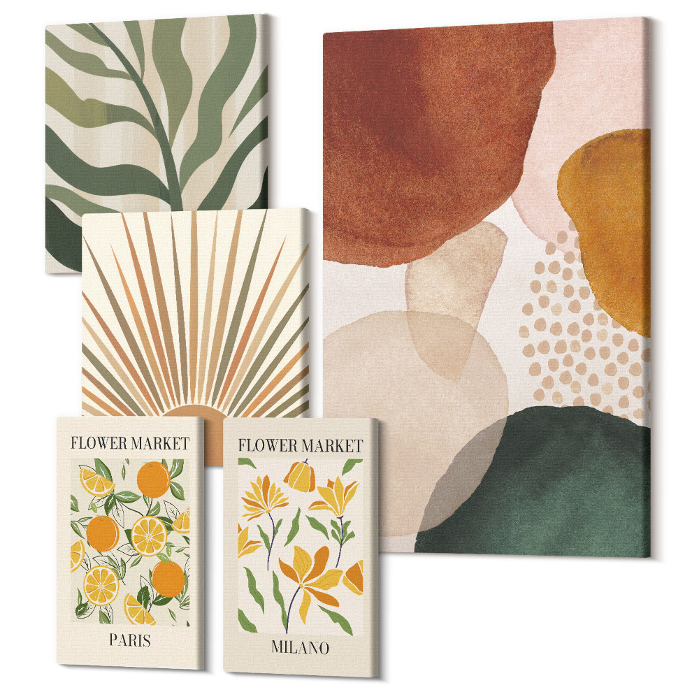 Öt részes vászonkép Stílusos grafika növényi és geometriai motívumokkal