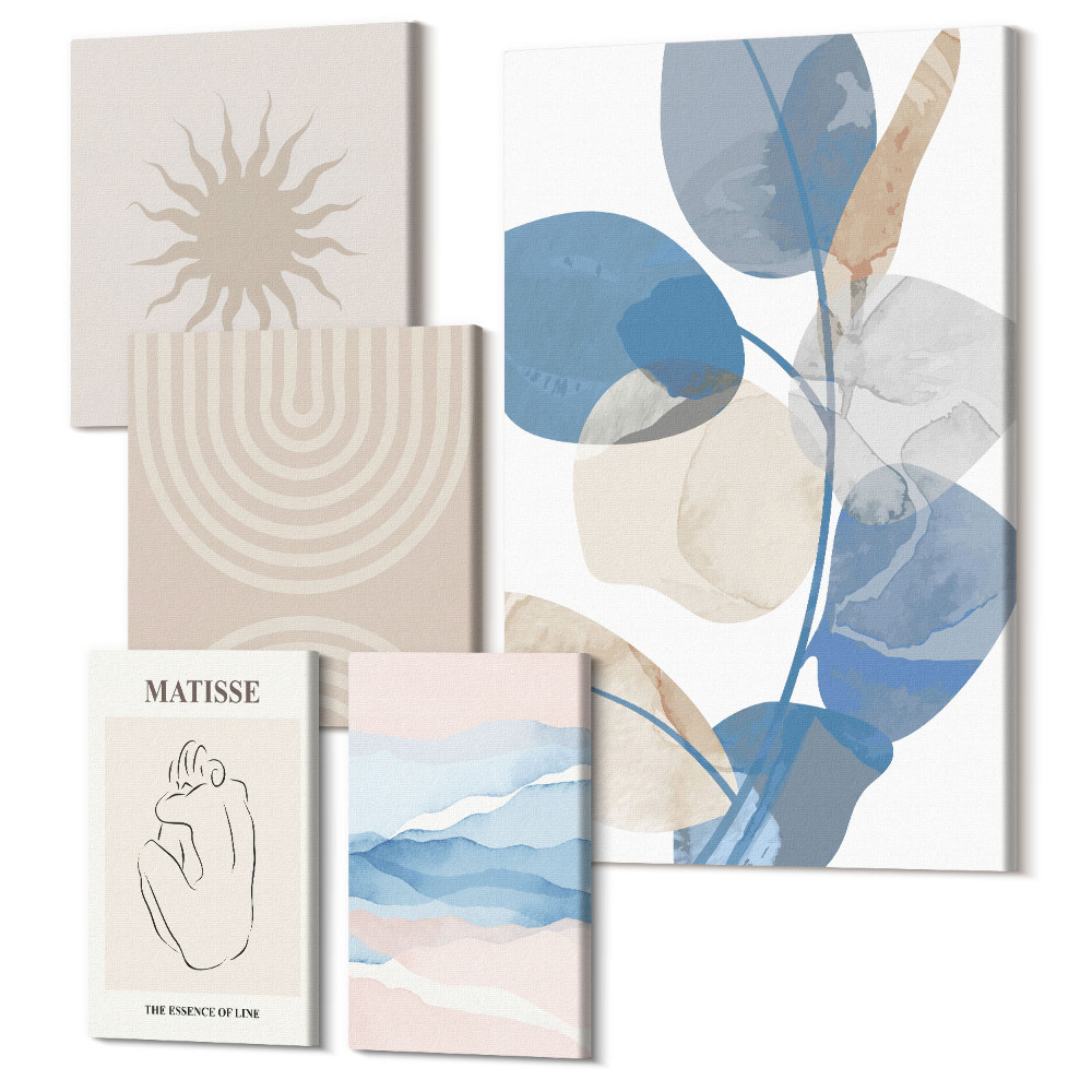 Öt részes vászonkép szett Stílusos absztrakt kompozíciók növényi ékezetekkel