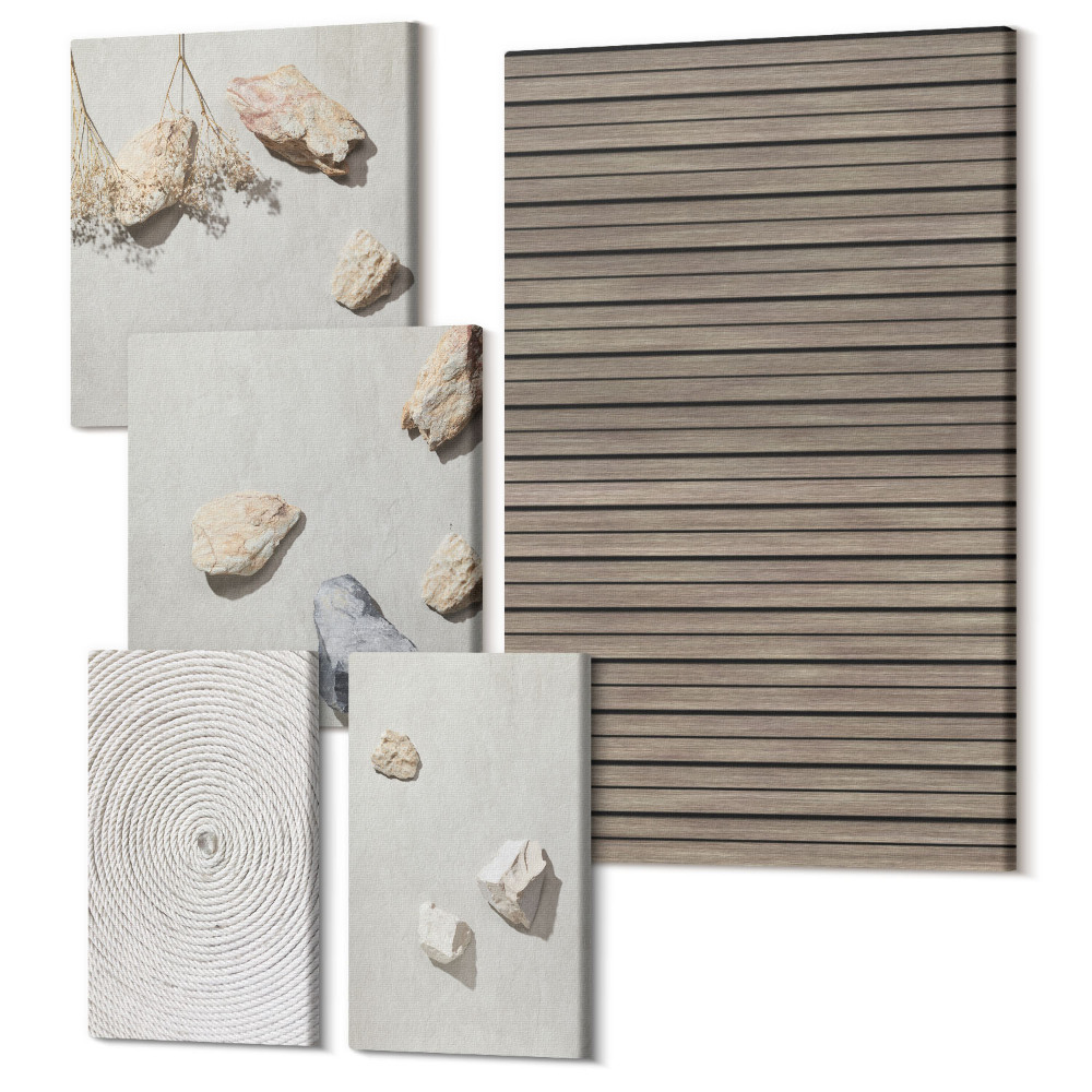 Vászonkép ötrészes Természetes textúrák fa kövek kötél