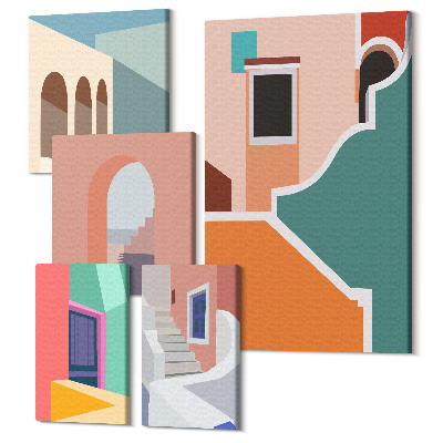 Öt részes vászonkép Modern stílusú épületek színes illusztrációi