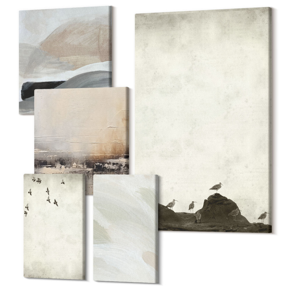 Vászonkép ötrészes Madarak, sziklák és ecsetvonásokkal díszített minimalista dekoráció