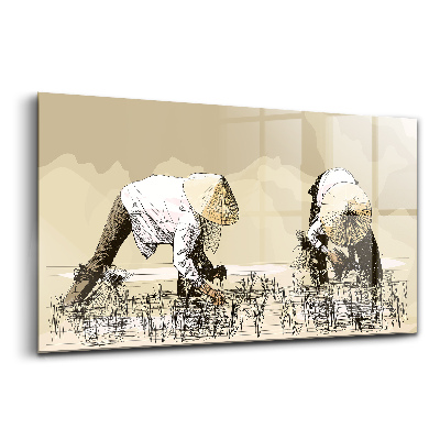 Üvegkép Két nő rizst szed Ázsiában