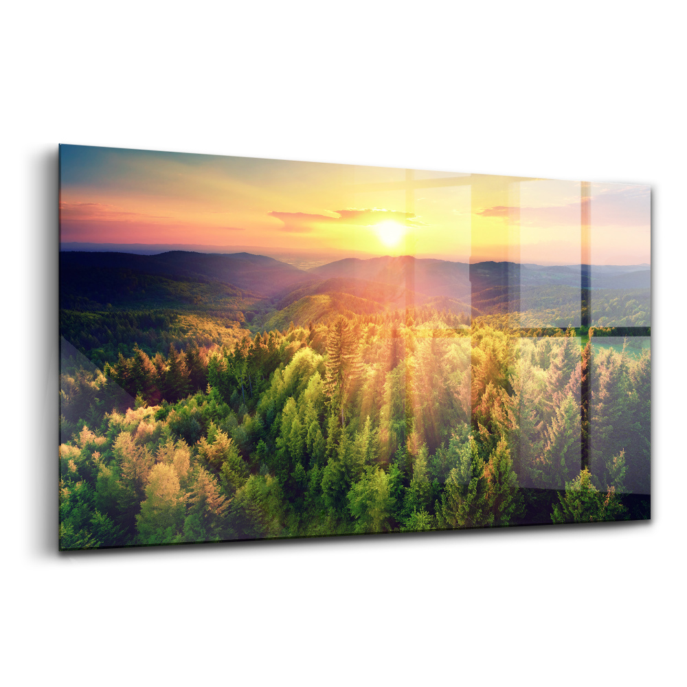 Egyedi üvegkép Naplemente erdős dombok felett