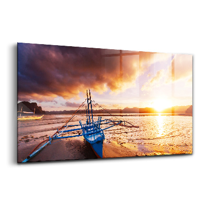 Üvegkép Hajó a víz felett naplemente